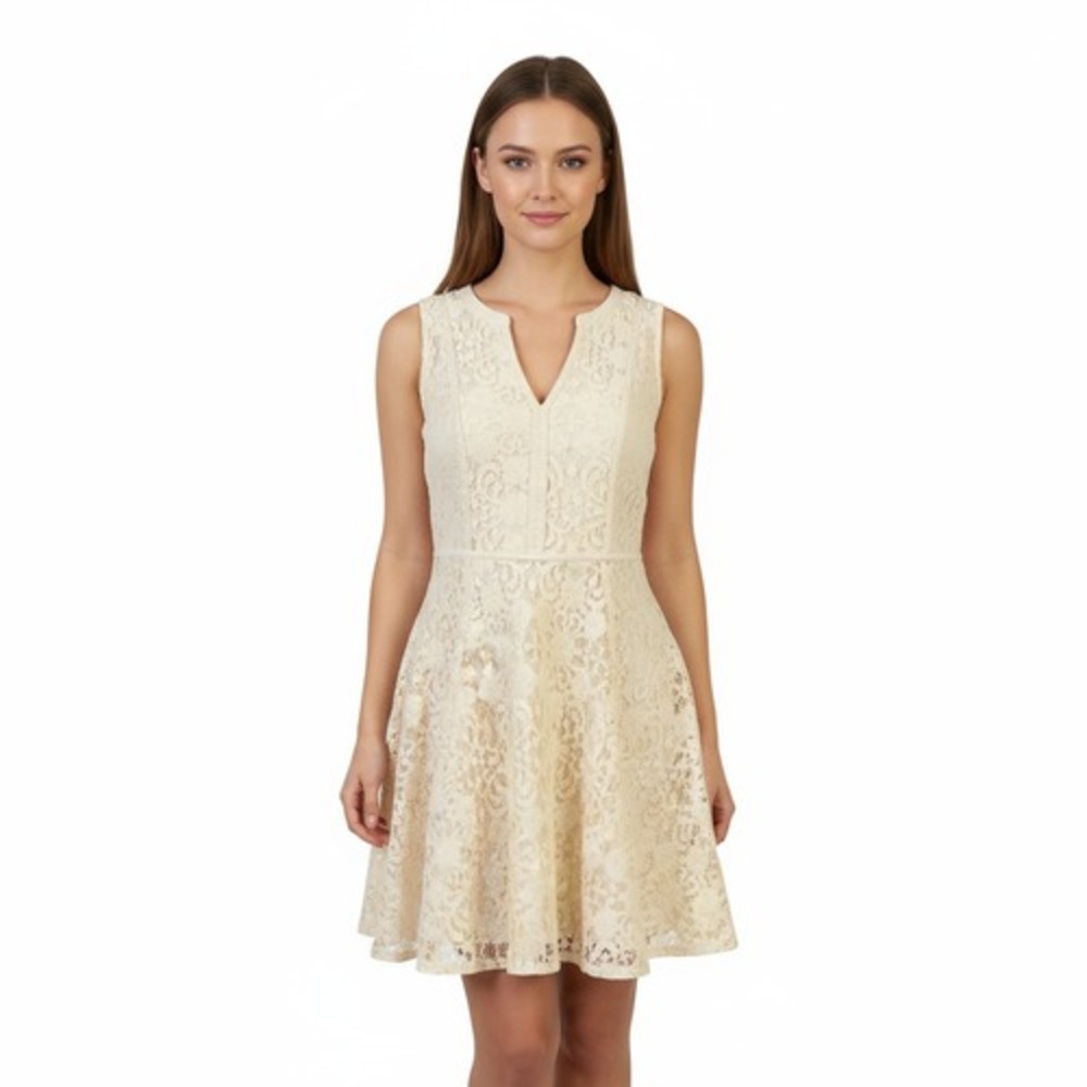 LC Lauren Conrad Dress 8 Natural Cream Floral Lace V-Neck‎ Fit Flare Romantic